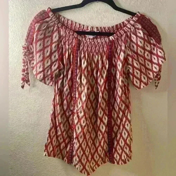 Market & Spruce Top X-Small Red ArgyleShort Slv Embroidered Off Shoulder Boho - Picture 1 of 4